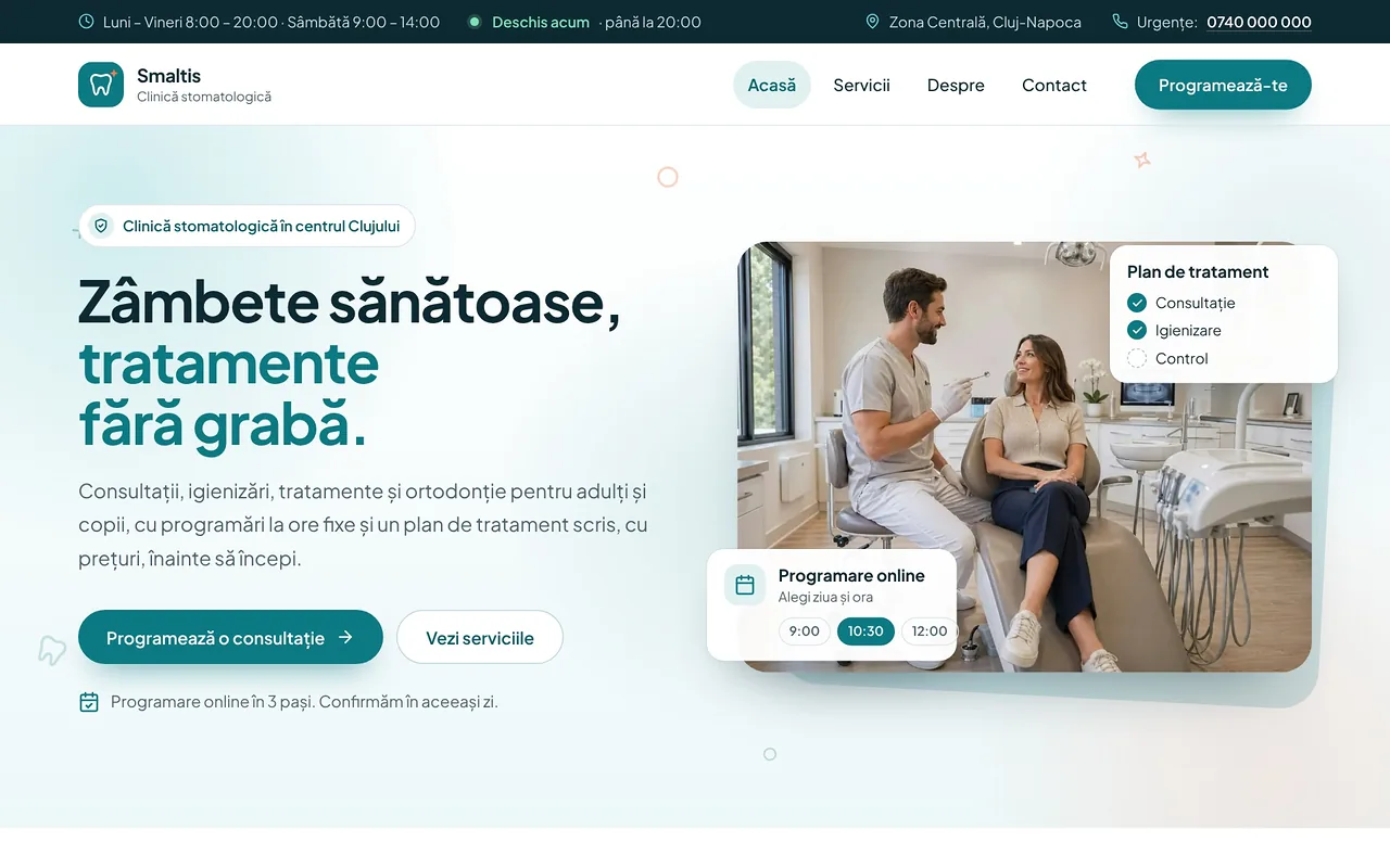 Prima pagină a conceptului Smaltis, clinică stomatologică creată de echipa Nova, cu programare online pe ore