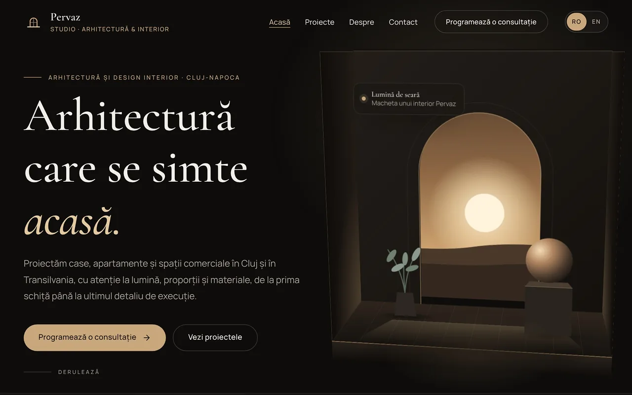 Prima pagină a conceptului Pervaz Studio, arhitectură și design interior, cu o scenă 3D luminată cald