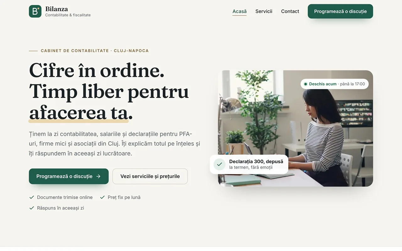 Prima pagină a conceptului Bilanza, site de prezentare pentru o firmă de servicii, creat de echipa Nova