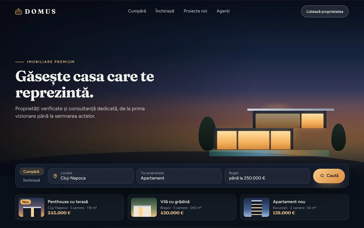 Machetă imobiliară „Domus”, creată de echipa Nova: căutare după locație, tip și buget, cu proprietăți recomandate