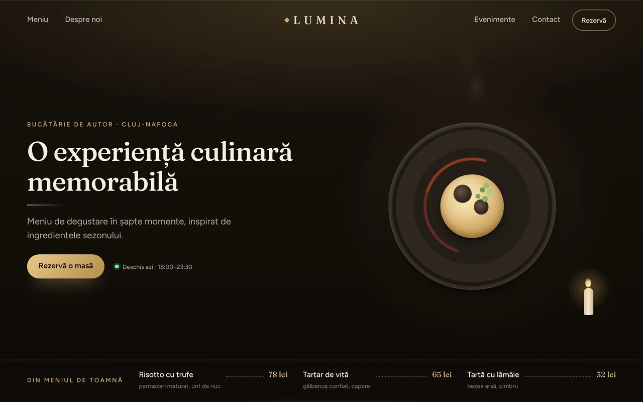 Machetă de restaurant „Lumina”, creată de echipa Nova: meniu de degustare, buton „Rezervă o masă” și programul zilei